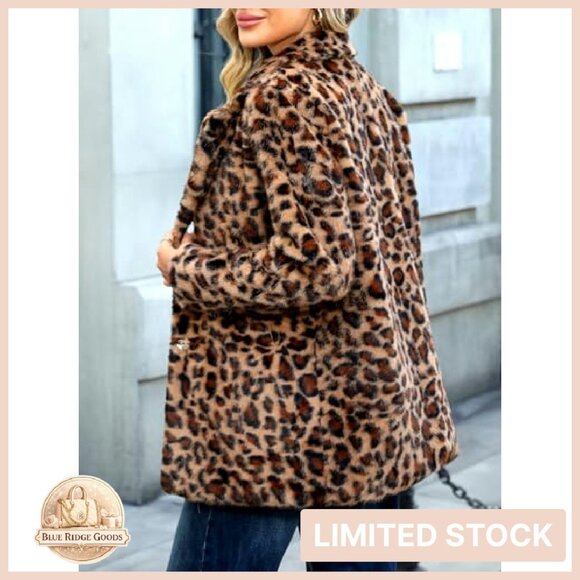 Faux Fur Leopard Coat Long Winter Jacket Notch Lapel Chic Classic - Picture 3 of 8